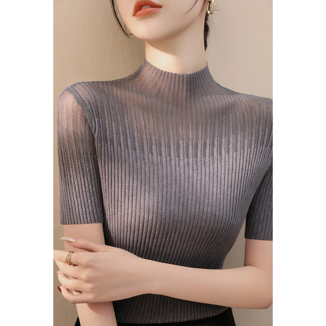 半高圆领蕾丝拼接网纱设计修身短袖针织t恤衫女早秋气质百搭上衣