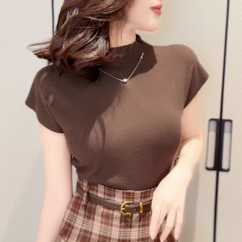半高领针织短袖女秋新款项链气质T恤内搭打底衫上衣-均码