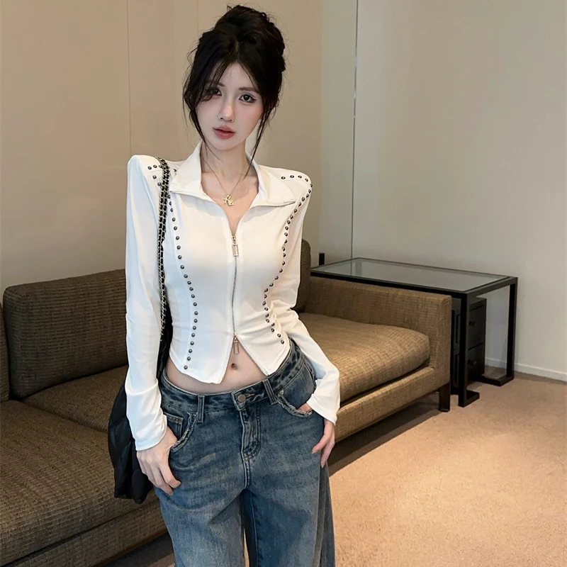 辣妹纯欲风2025新款铆钉线条立领长袖开衫洋气收腰双拉链短款上衣