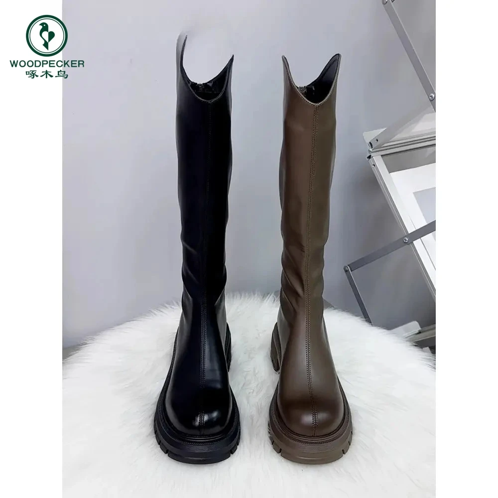 啄木鸟英伦风长靴女2025秋冬季加绒高筒骑士靴厚底增高流行瘦瘦靴