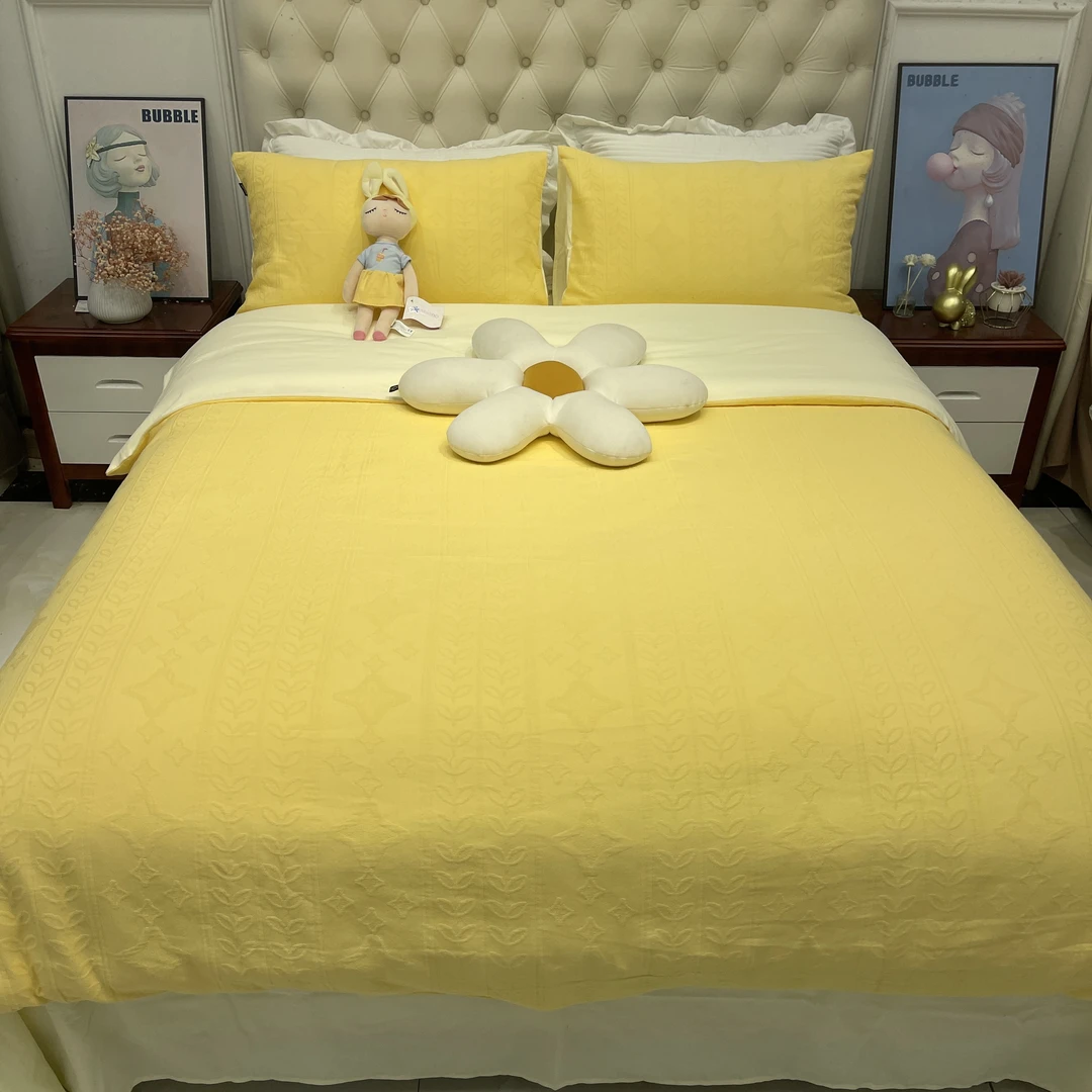 2025简约风春夏纯色轻奢星悦纯棉立体提花三层纱四件套