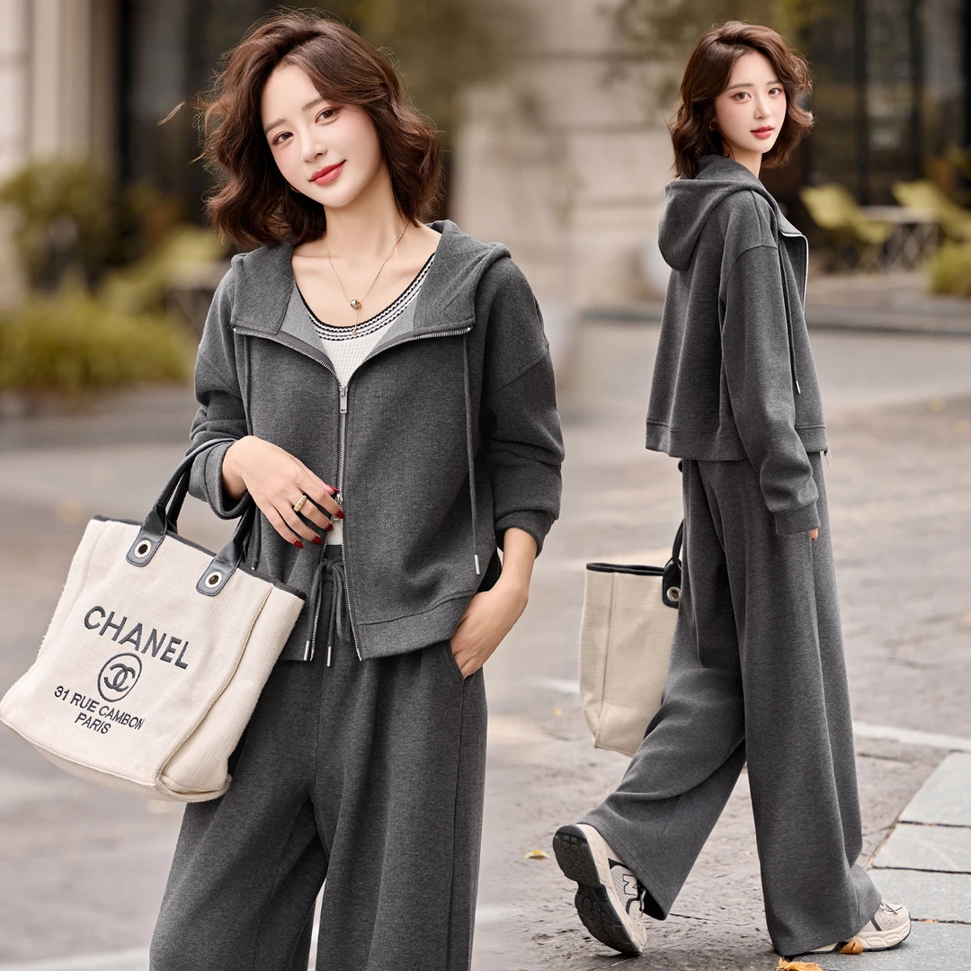 休闲时尚连帽卫衣套装女2025春秋新款慵懒风气质减龄阔腿裤两件套