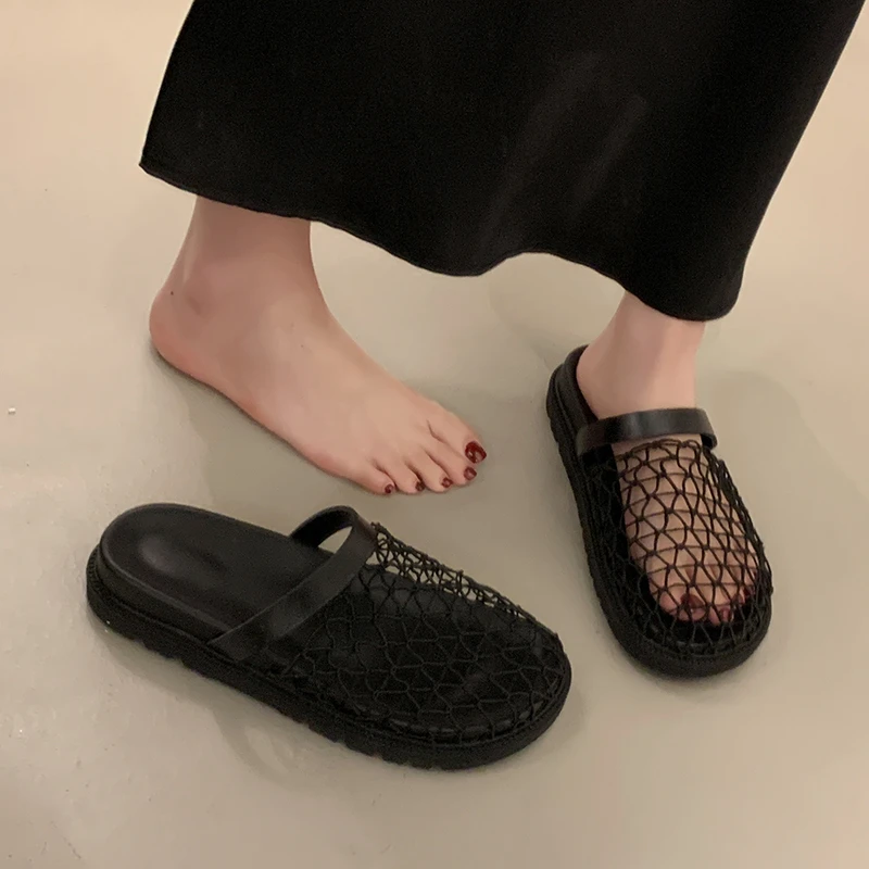 小众编织凉拖女2025新款时尚平底透气包头半拖鞋女夏女士外穿夏季
