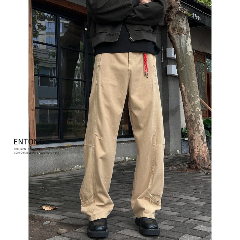 Entong美式复古水洗牛仔裤男款卡其色宽松直筒工装裤春秋新款长裤