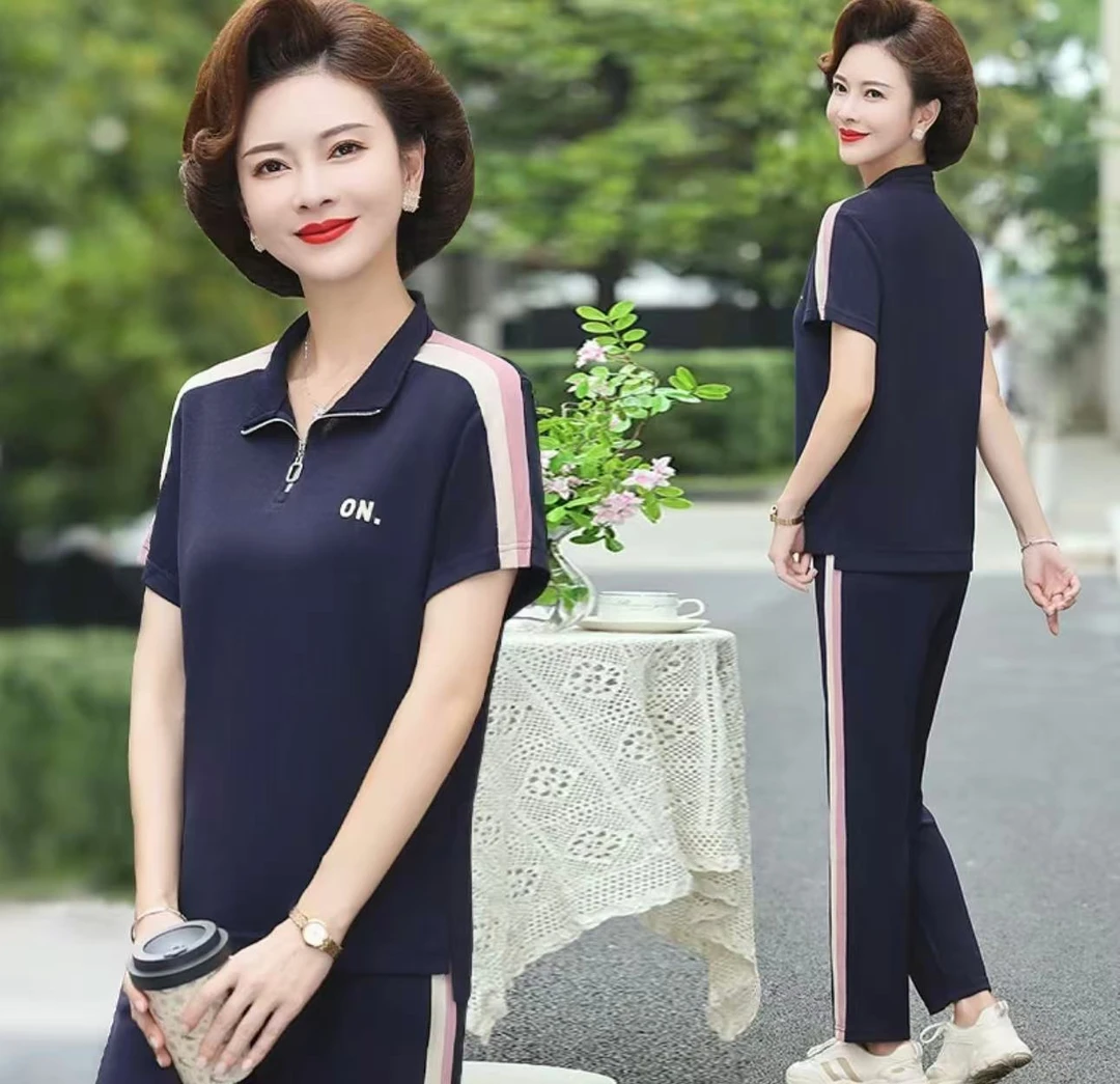 中年妈妈运动套装舒适休闲夏款短袖显瘦洋气时尚