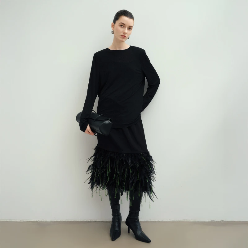 AUDREYWANG”出逃吉普赛“鸵鸟毛流苏醋酸半身裙12757