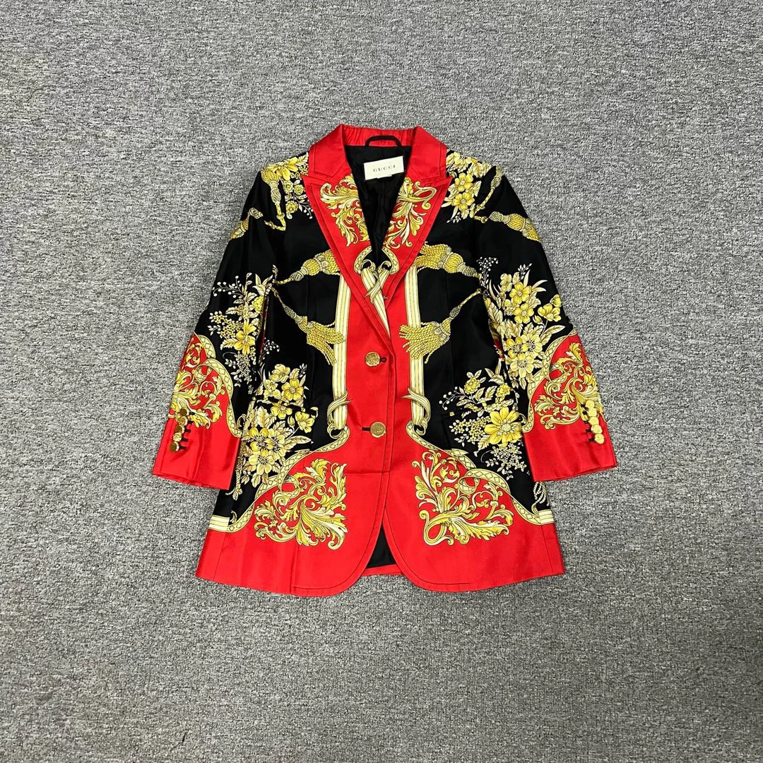 99新 GUCCI/古驰 黑红 花卉 西装 外套 36码 桑蚕丝