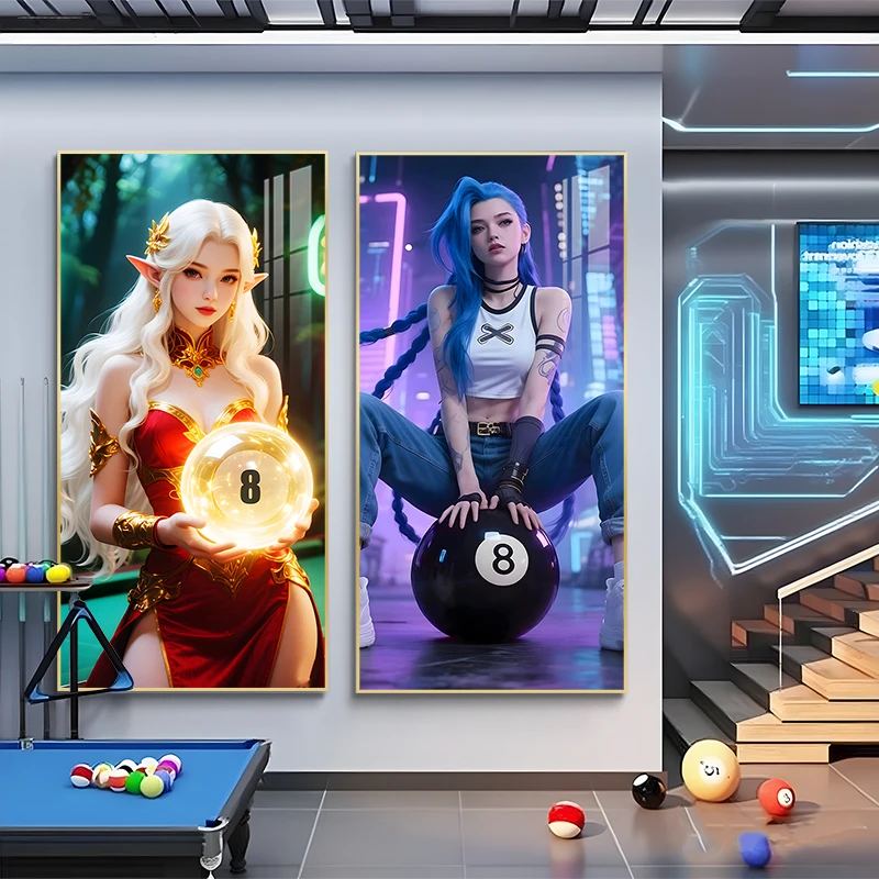 网红台球厅装饰画超大尺寸新款式动漫人物黑八桌球室背景墙面挂画