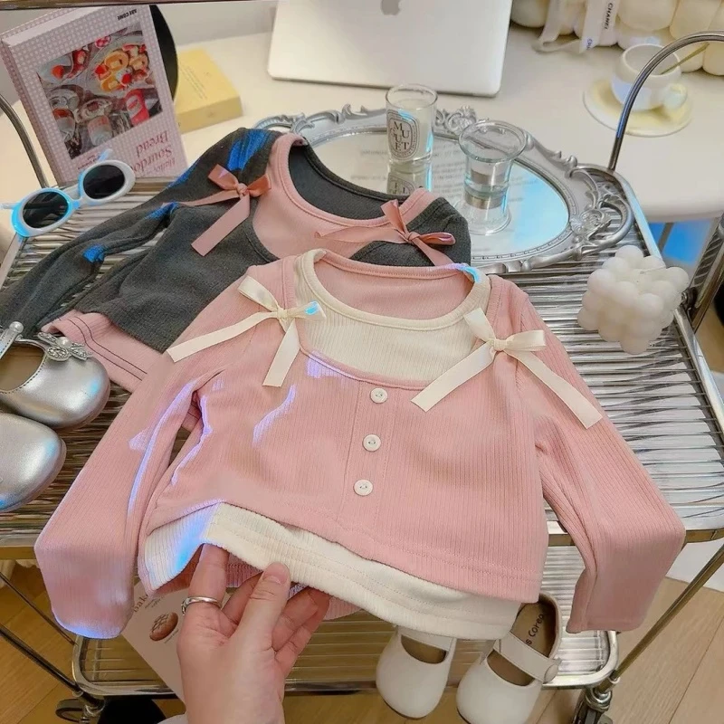 2025春季新款女童甜美假两件打底衫蝴蝶结T恤