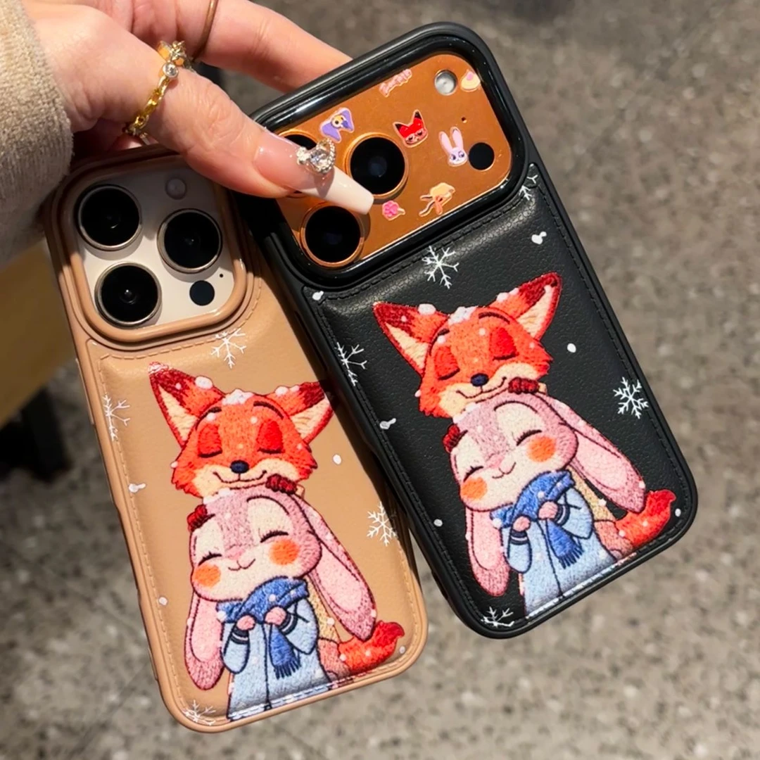 时尚雪花叠叠兔子狐狸适用iPhone17/16鼓包手机壳苹果15pro创意14