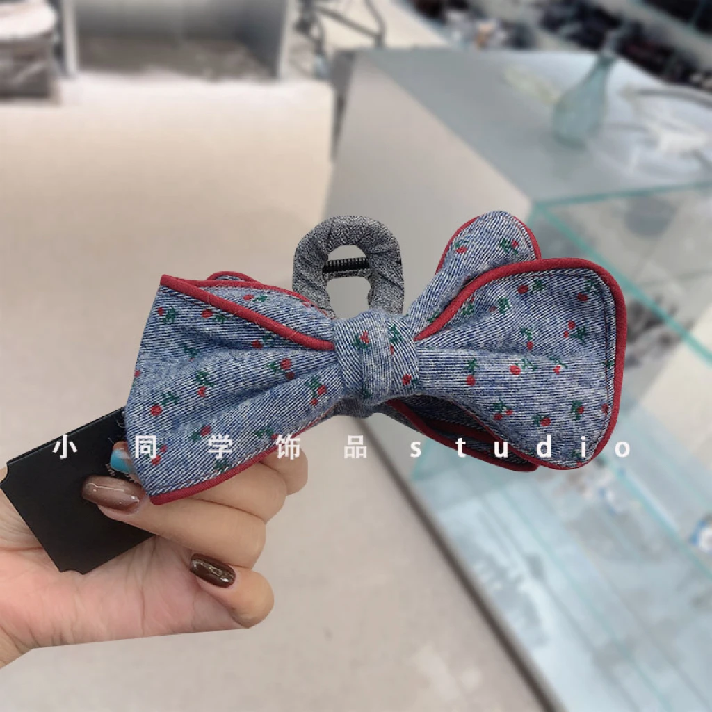 韩国发饰2025新款水洗软牛仔磨毛小樱桃印花蝴蝶结大号发抓夹头饰