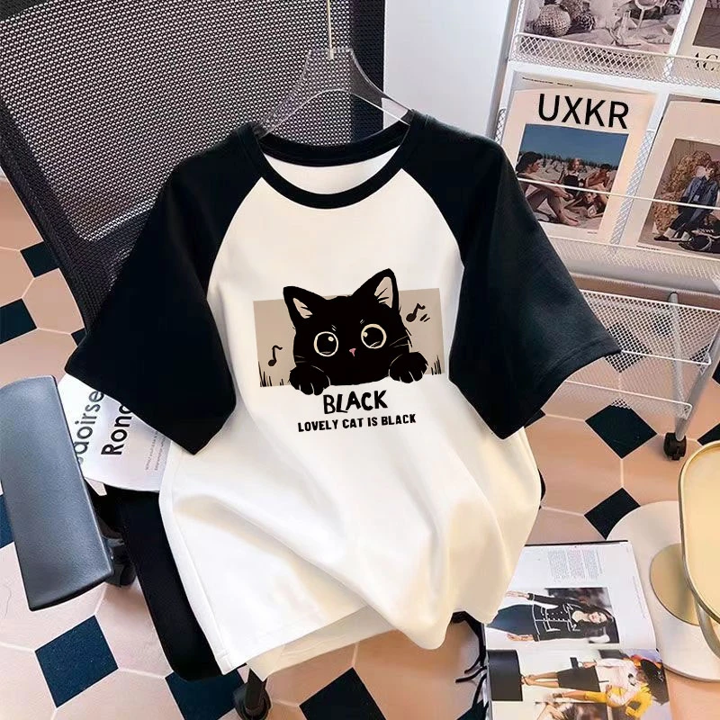 2025新款插肩袖短袖t恤女爆款夏季纯棉宽松显瘦百搭猫咪印花上衣