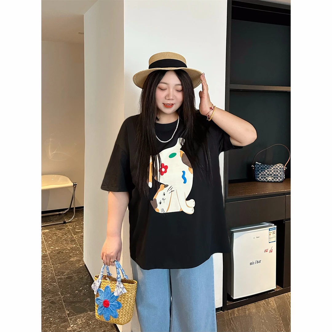 纽约霓虹 / 敲可爱印花俏皮风短袖T恤14917花契大码200斤胖mm减龄