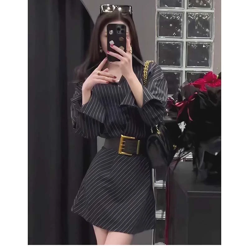 【王二小】【送腰带】高级感条纹长袖衬衫连衣裙女气质收腰短裙TX0027