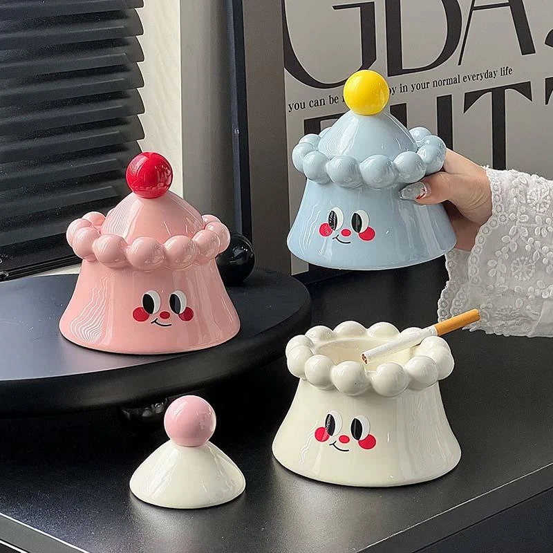 维光客厅创意火山陶瓷烟灰缸家用可爱带盖防飞灰烟缸高级感