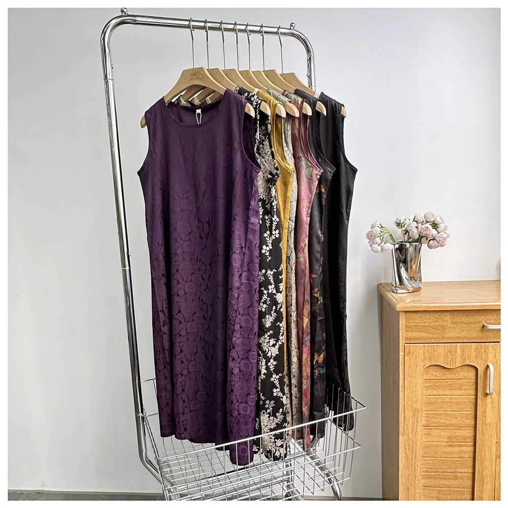 Q153夏季新款宽松中长款圆领花色女士时尚百搭国风背心裙