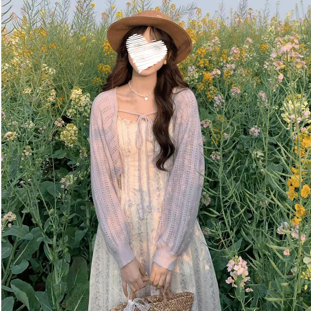 法式温柔风花边吊带连衣裙女2025春夏新款温柔针织开衫两件套装