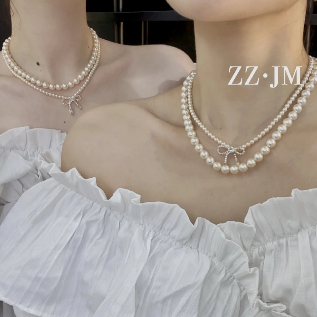 主播同款蝴蝶结优雅小米珠项链4mm叠戴8mm素版贝珠珠项链(2件)