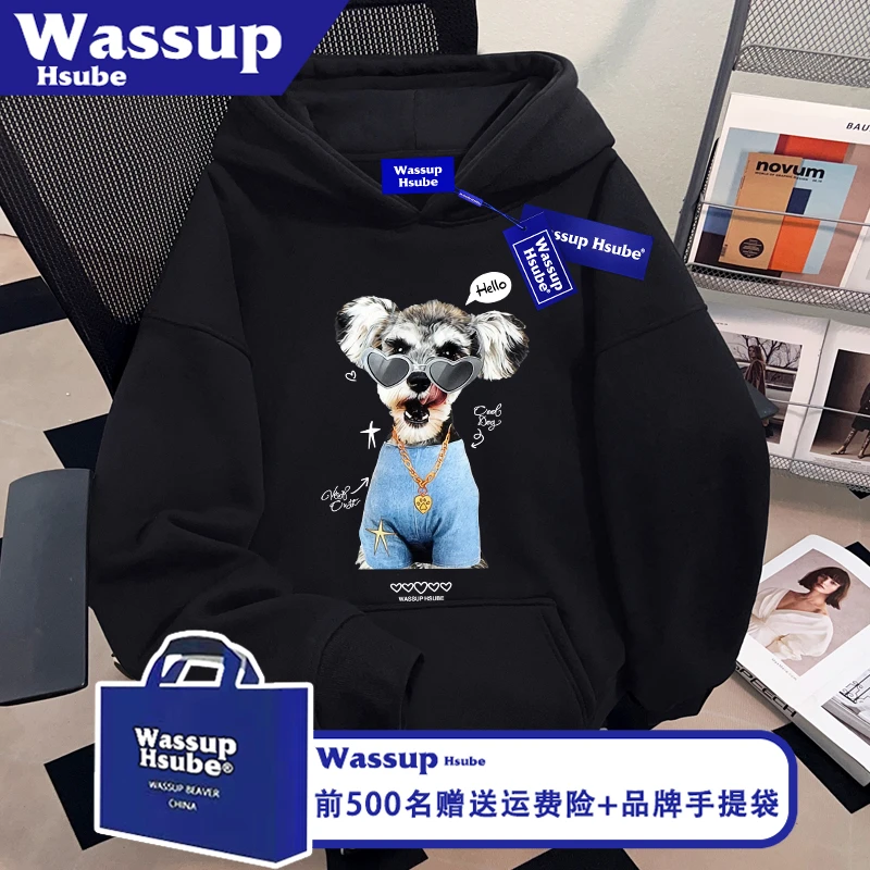 WASSUP HSUBE秋冬嘻哈小狗印花黑色上衣男款潮牌个性连帽套头卫衣