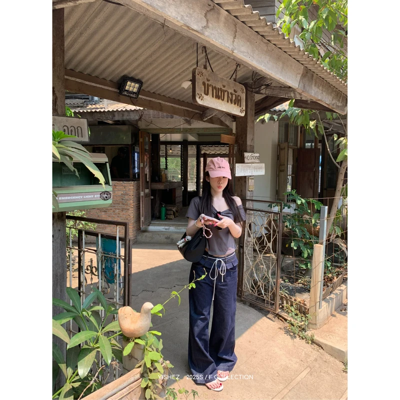 YISHEZ “自成焦点”复古原色牛仔裤薄款木耳边双腰头垂感阔腿裤