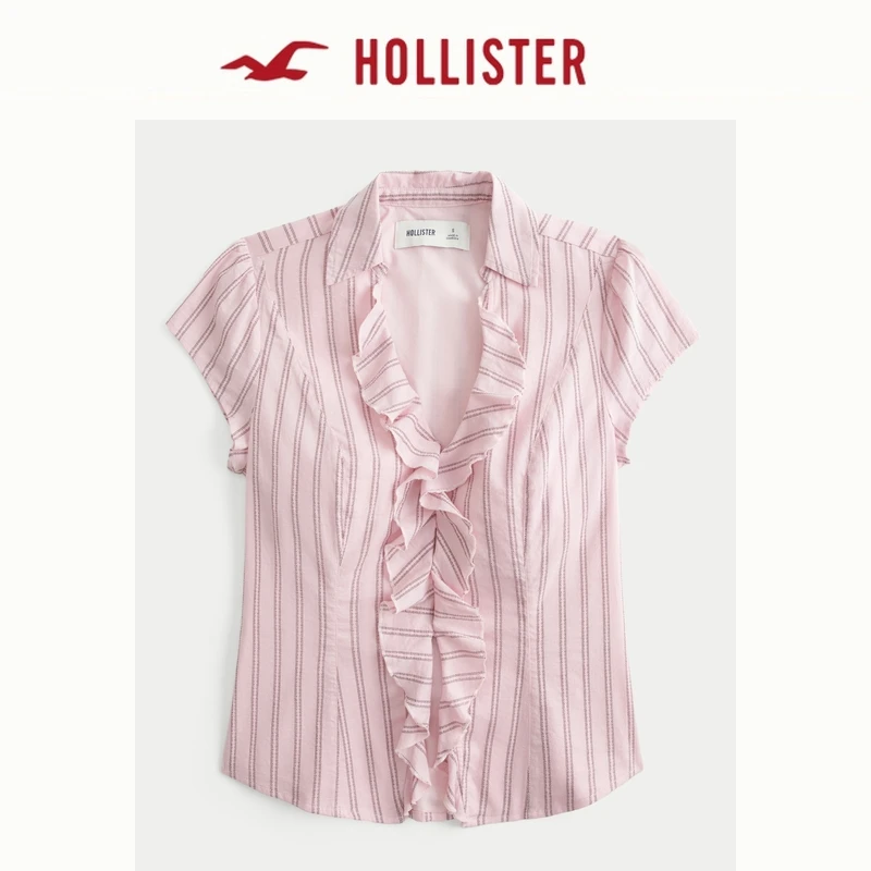 Hollister26春新款美式辣妹修身荷叶边短袖衬衫女装340-1597