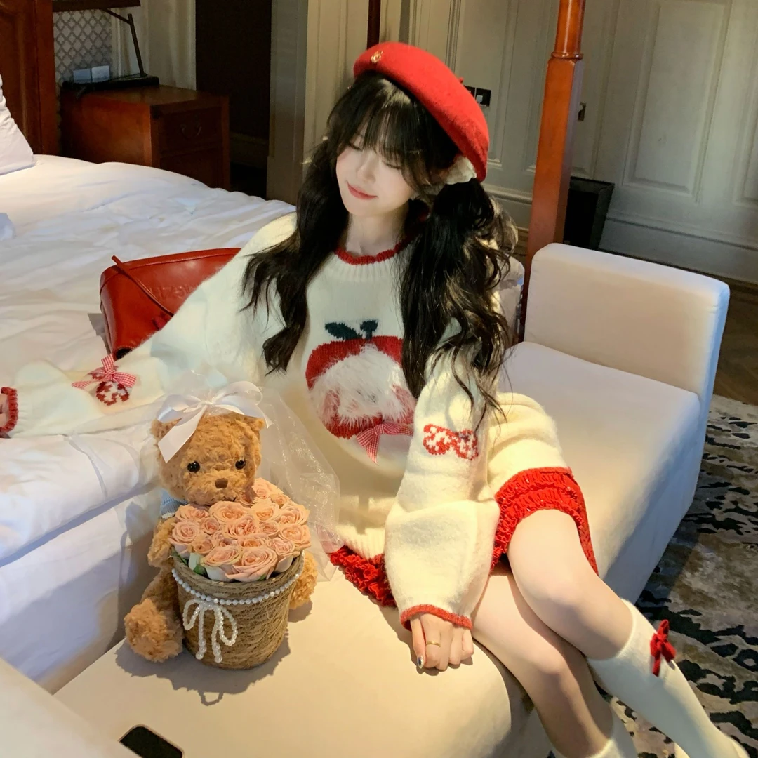 Blovelan少女与兔 秋冬少女感慵懒软糯可爱小狗套头毛衣