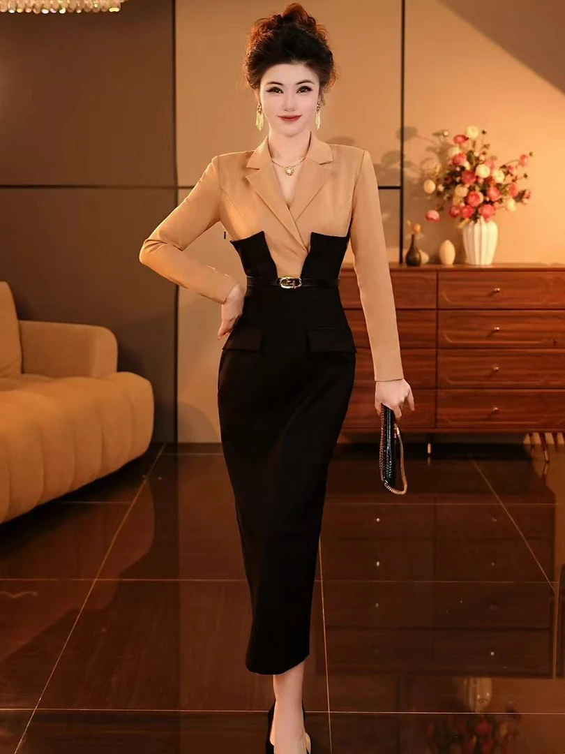 【潼潼严选】秋冬保暖新款轻奢名媛气质显瘦拼接连衣裙-1909-2