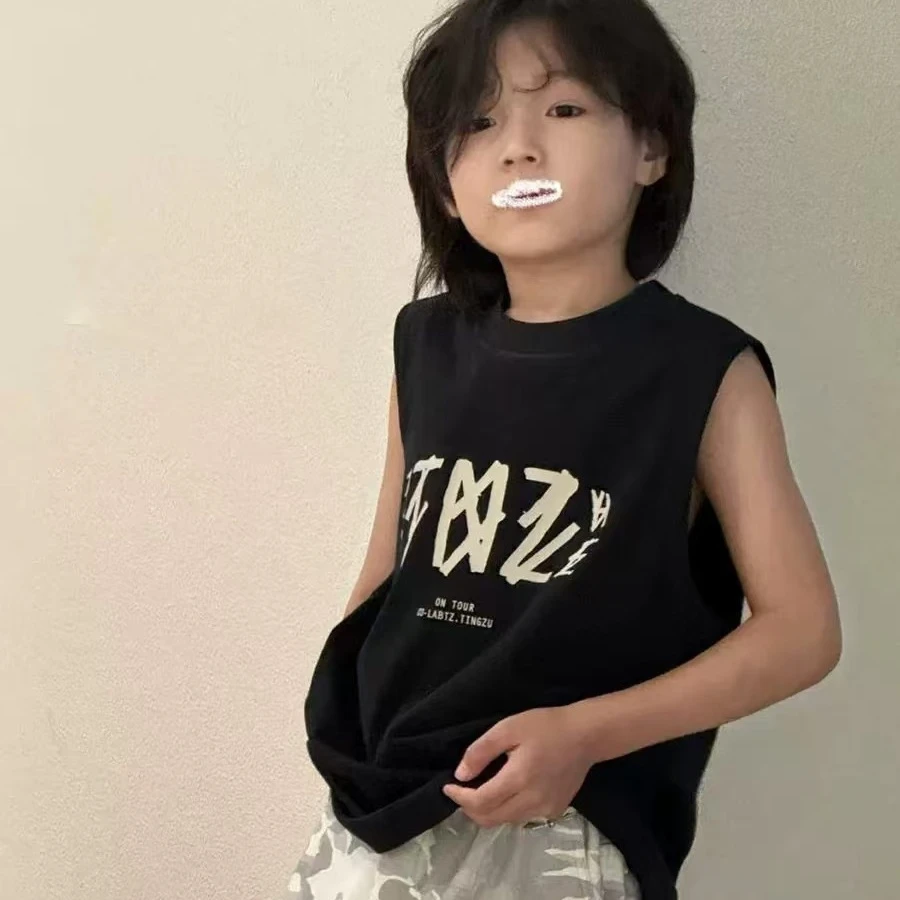 【链接22】2025夏款无袖纯色圆领背心印花运动上衣童装休闲