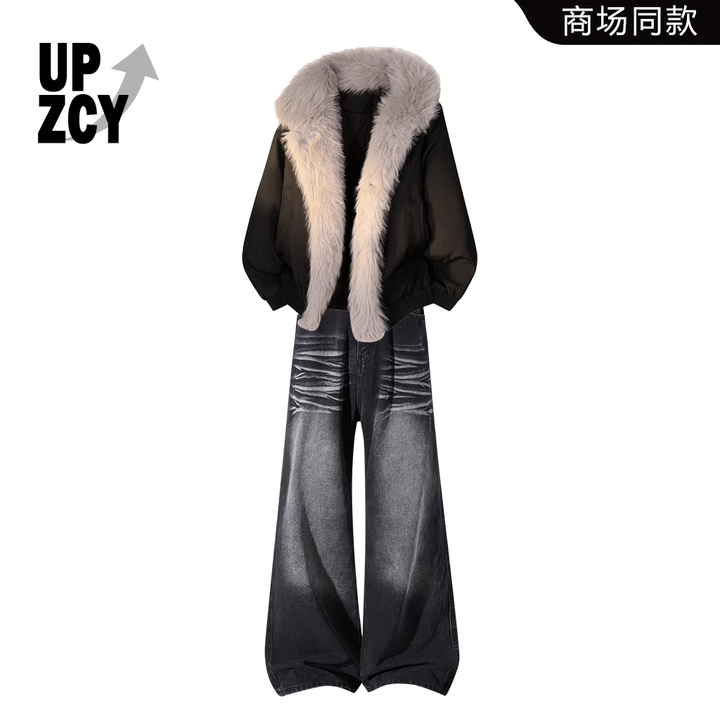 UPZCY美式潮流休闲街头风百搭棉服套装冬季保暖水洗黑色牛仔裤男