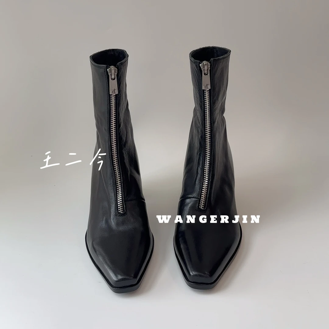 【王二今】牛皮/5CM/前拉链重工水洗植鞣时装气质女人切尔西短靴女