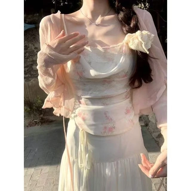 【浮生若梦】法式温柔碎花吊带开衫半身裙三件套女春季新款气质显瘦