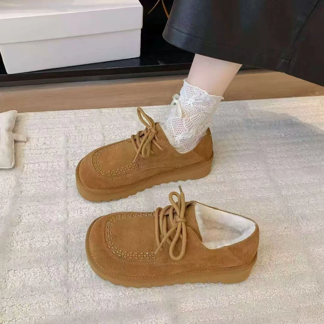 真皮羊羔毛圆头系带防滑勃肯鞋