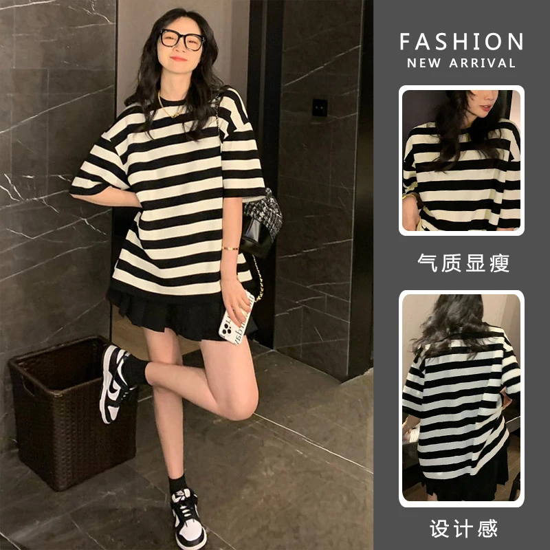 孕妇上衣夏季棉条纹短袖t恤中长款遮屁股大码韩版简约宽松上衣