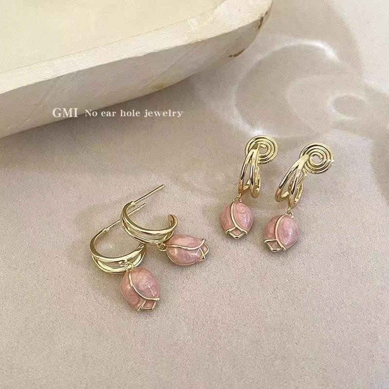 非金属亚克力耳饰 耳钉玫瑰金粉色郁金香女小众设计感耳环072#