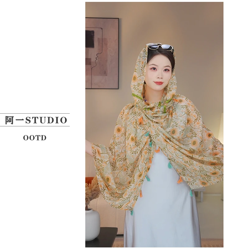 【带盘扣 180*90 向阳花】披肩女方巾旅游穿搭丝巾夏季薄款防晒披肩
