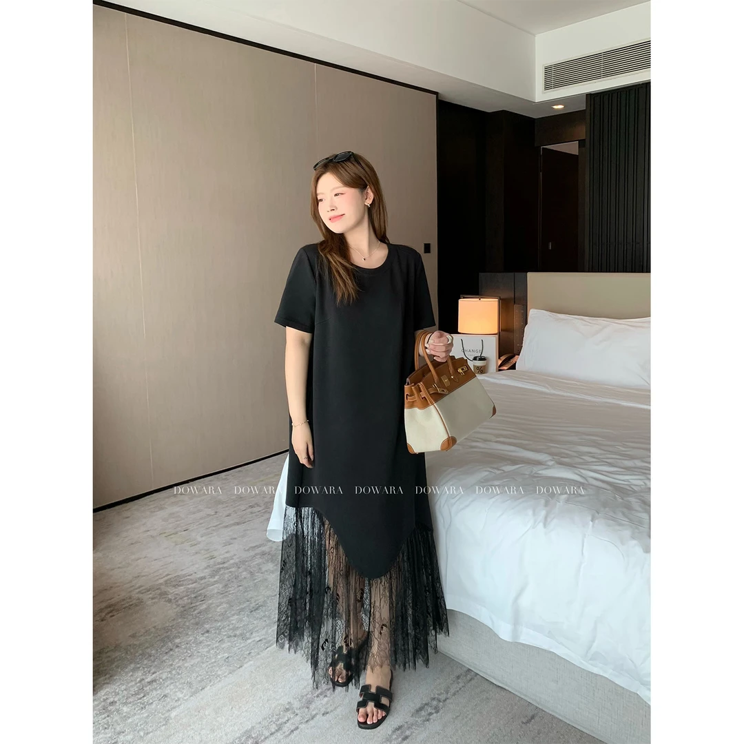 现货大婉酱微胖定制法式蕾丝拼接连衣裙女夏季高级气质裙子 8263D