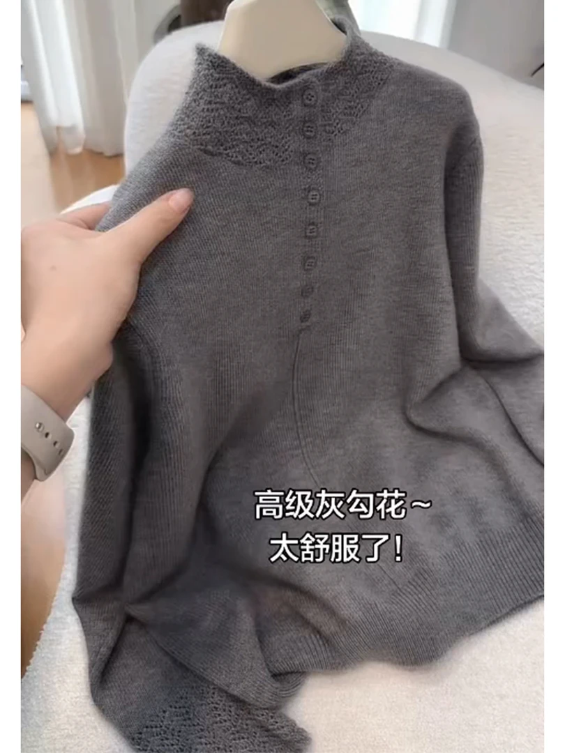 法式灰色半高领镂空钩花针织开衫女2025冬季新款洋气显瘦毛衣上衣