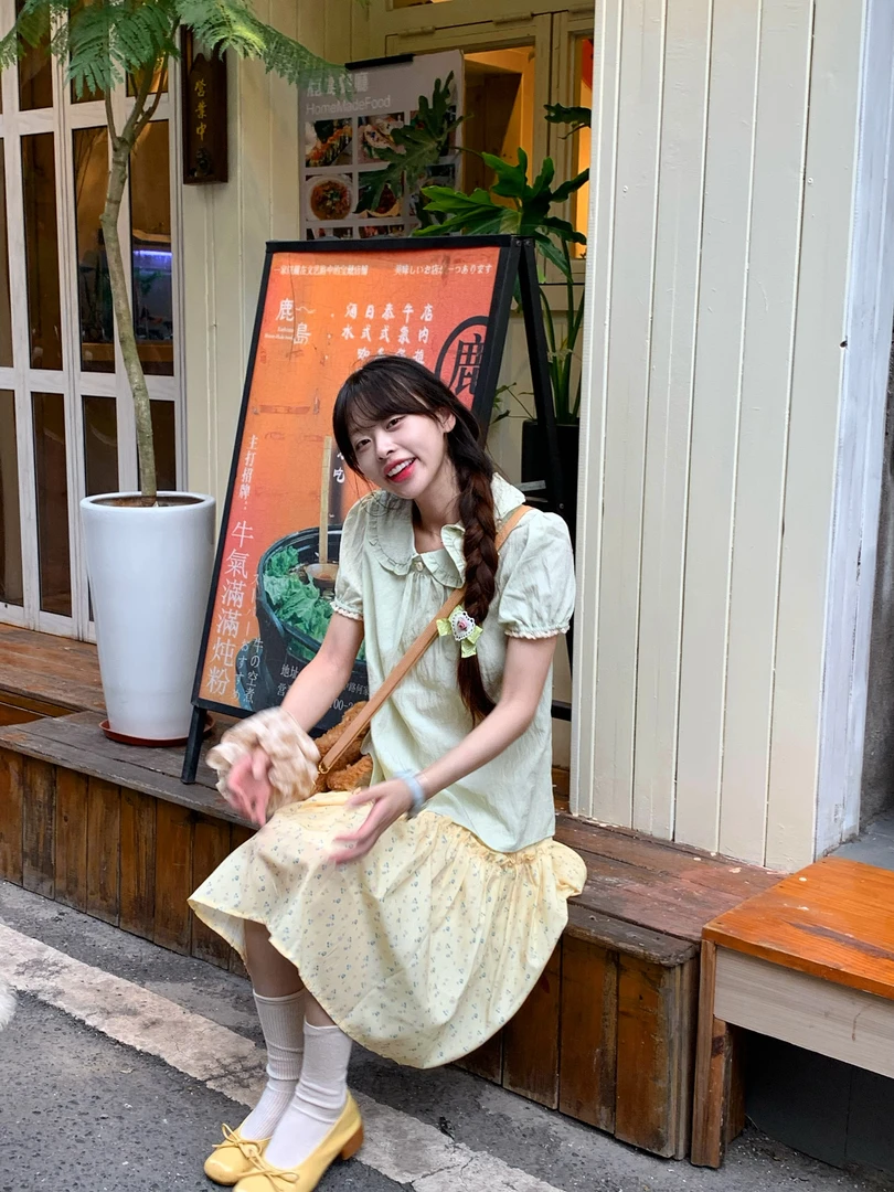 甜圈圈【茉莉青提】绿色花边娃娃领衬衫上衣碎花花边高腰半身裙