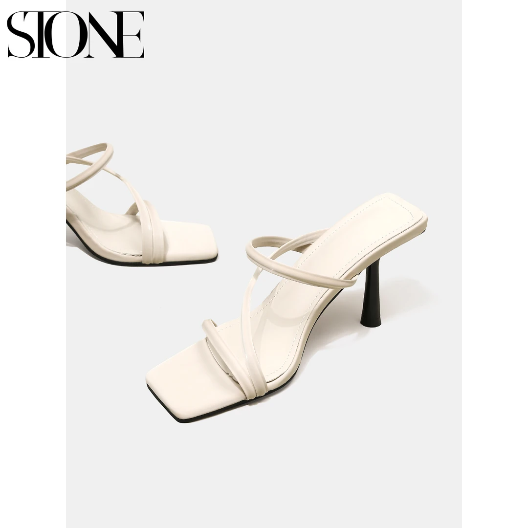 石头家法式气质凉拖鞋女夏季外穿方头细跟高跟鞋白色欧若风凉鞋