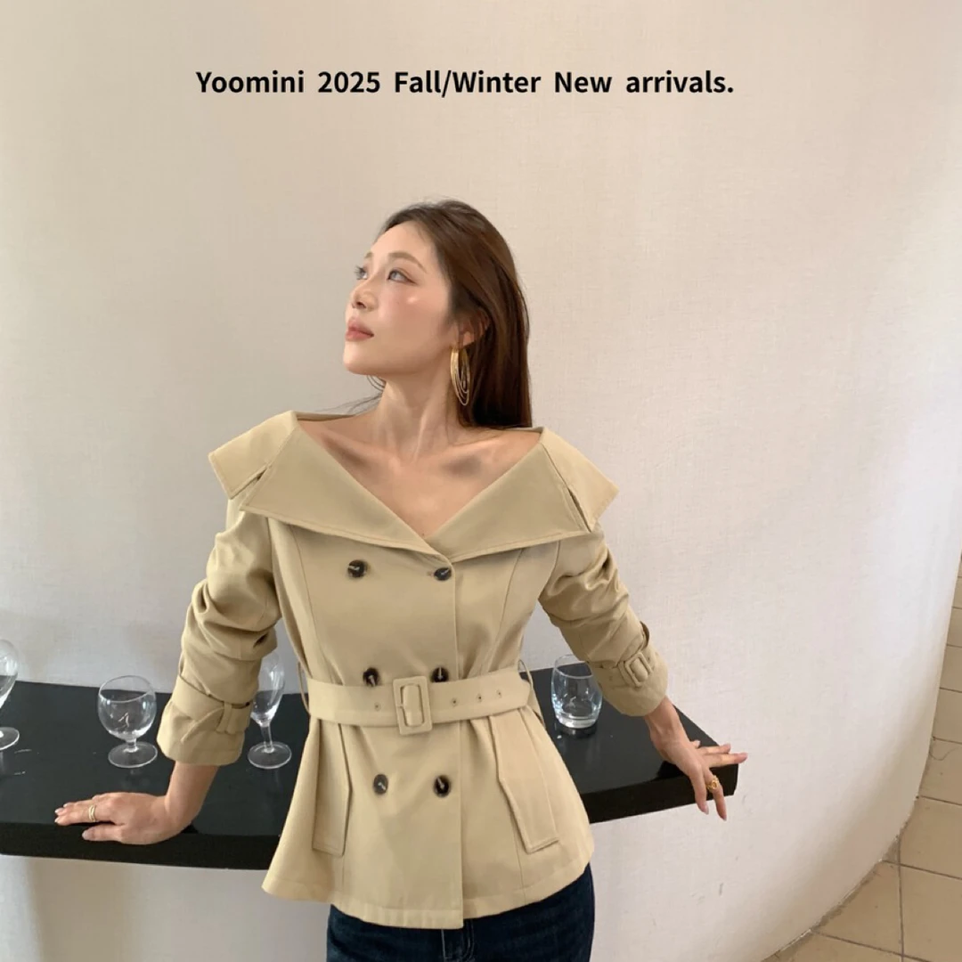 【YOOMINI】10888翻领一字双生束腰H型优雅短款外套（配腰带)秋冬