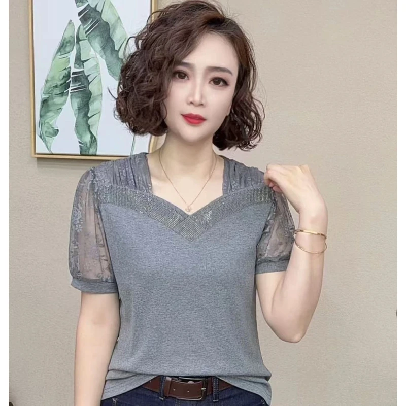2025新款时尚简约不规则领网纱蕾丝百搭短袖气质T恤上衣#28015