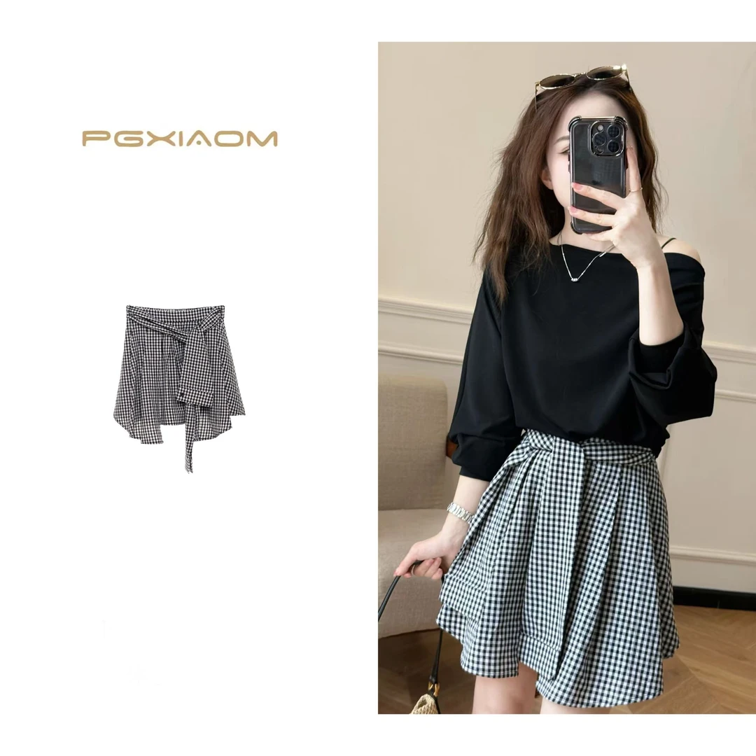 【PGXIAOM】润秀定制格子不规则绑带半身裙QZ9981