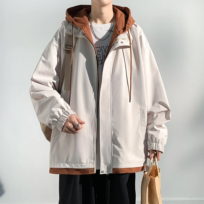 男士春秋新款连帽拼接保暖休闲宽松百搭潮流纯色棉袄外套