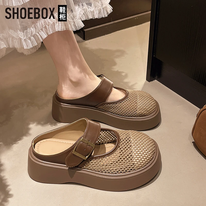 SHOEBOX鞋柜厚底包头半拖鞋女夏外穿2025新款网面透气勃肯拖鞋