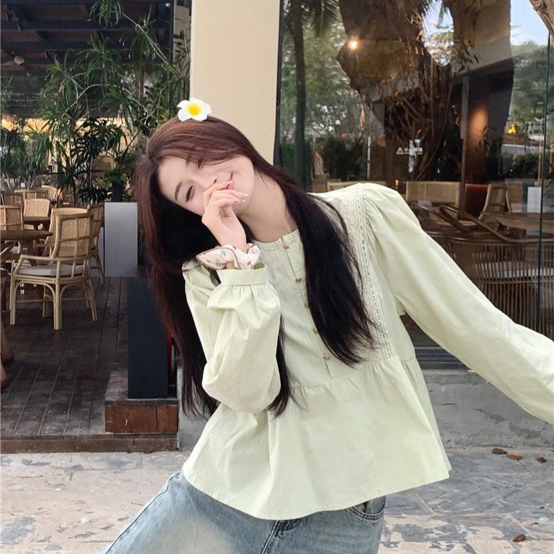 新款春款简约蕾丝刺绣气质甜美娃娃衬衫B5-04E-7789#