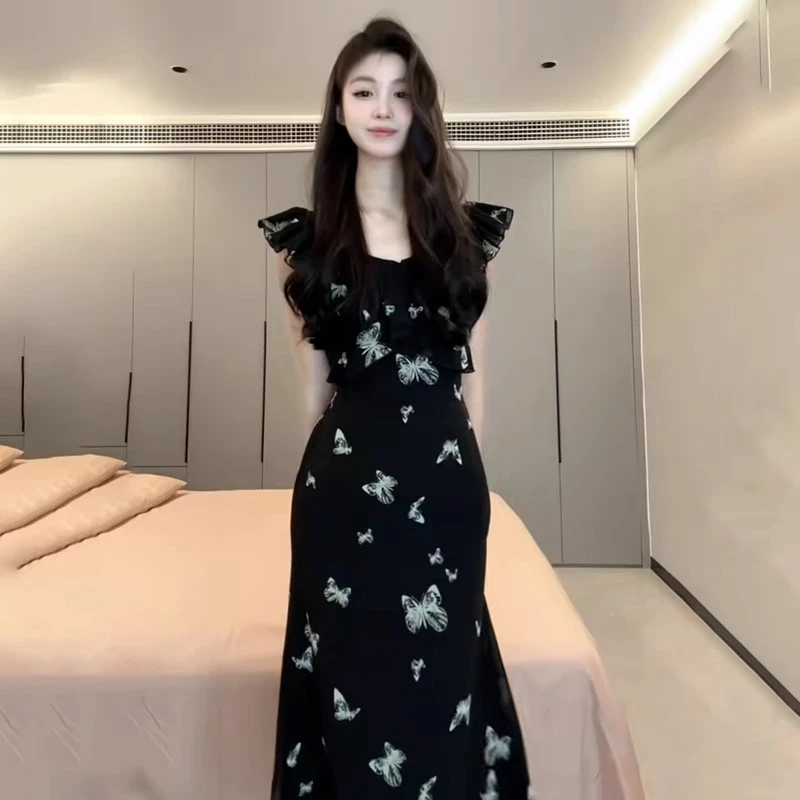 【双层＋内里】小飞袖蝴蝶吊带连衣裙子女夏季法式甜美知性风衣服