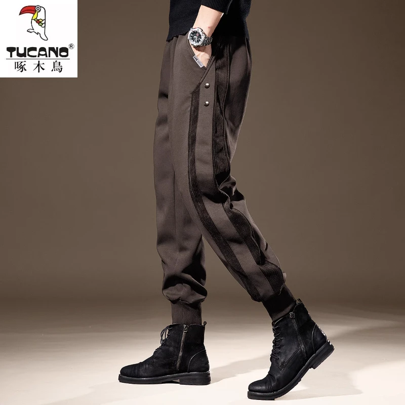 高端重磅美式卫裤男士运动休闲裤冬季加绒加厚束脚宽松工装裤子男