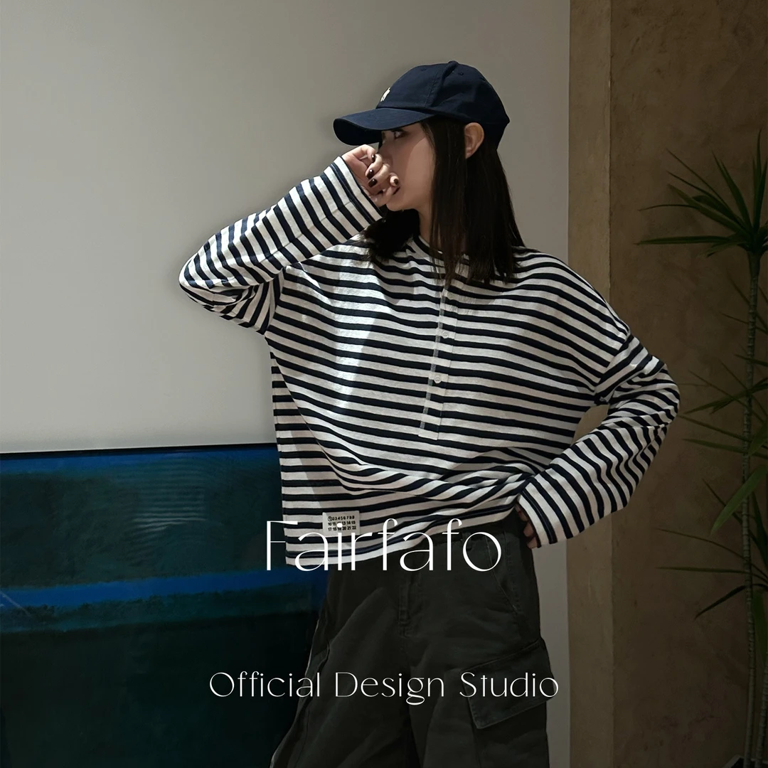 【日历圆领条纹长袖】CXCL58242经典条纹宽松百搭秋季新款圆领T恤