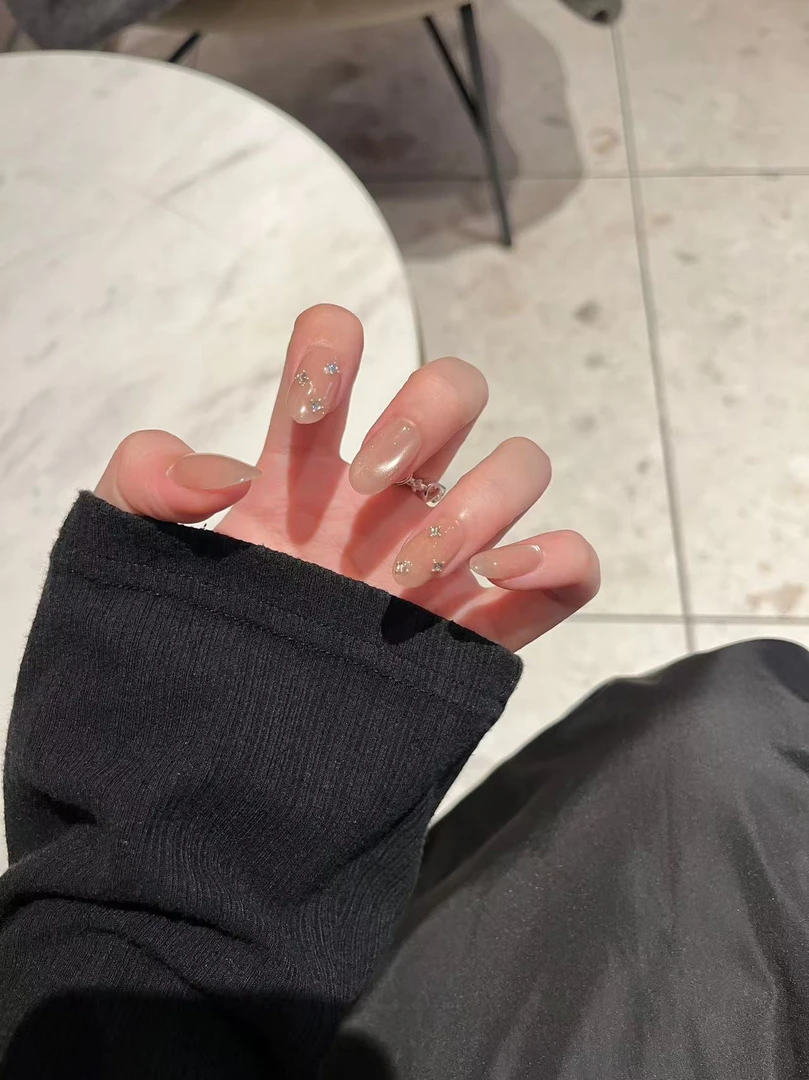 【繁星】纯欲猫眼气质纯手工穿戴甲裸色简约冰透贴钻温柔风美甲贴片