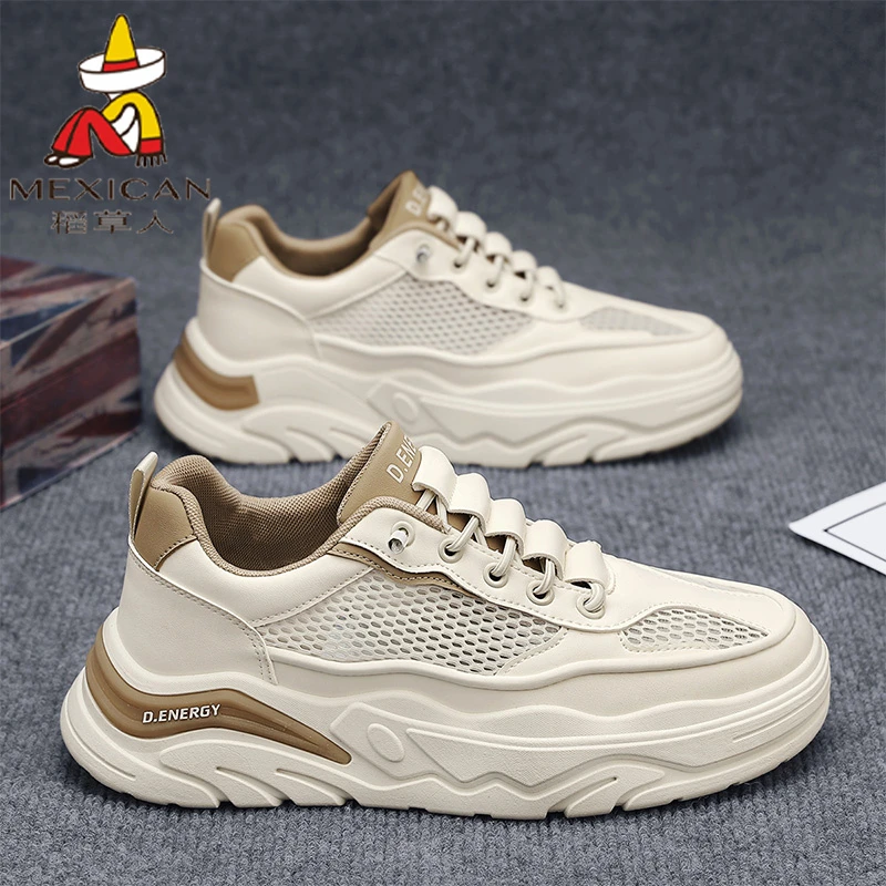 稻草人男鞋2025夏季新款透气镂空网面鞋厚底增高防滑休闲运动潮鞋